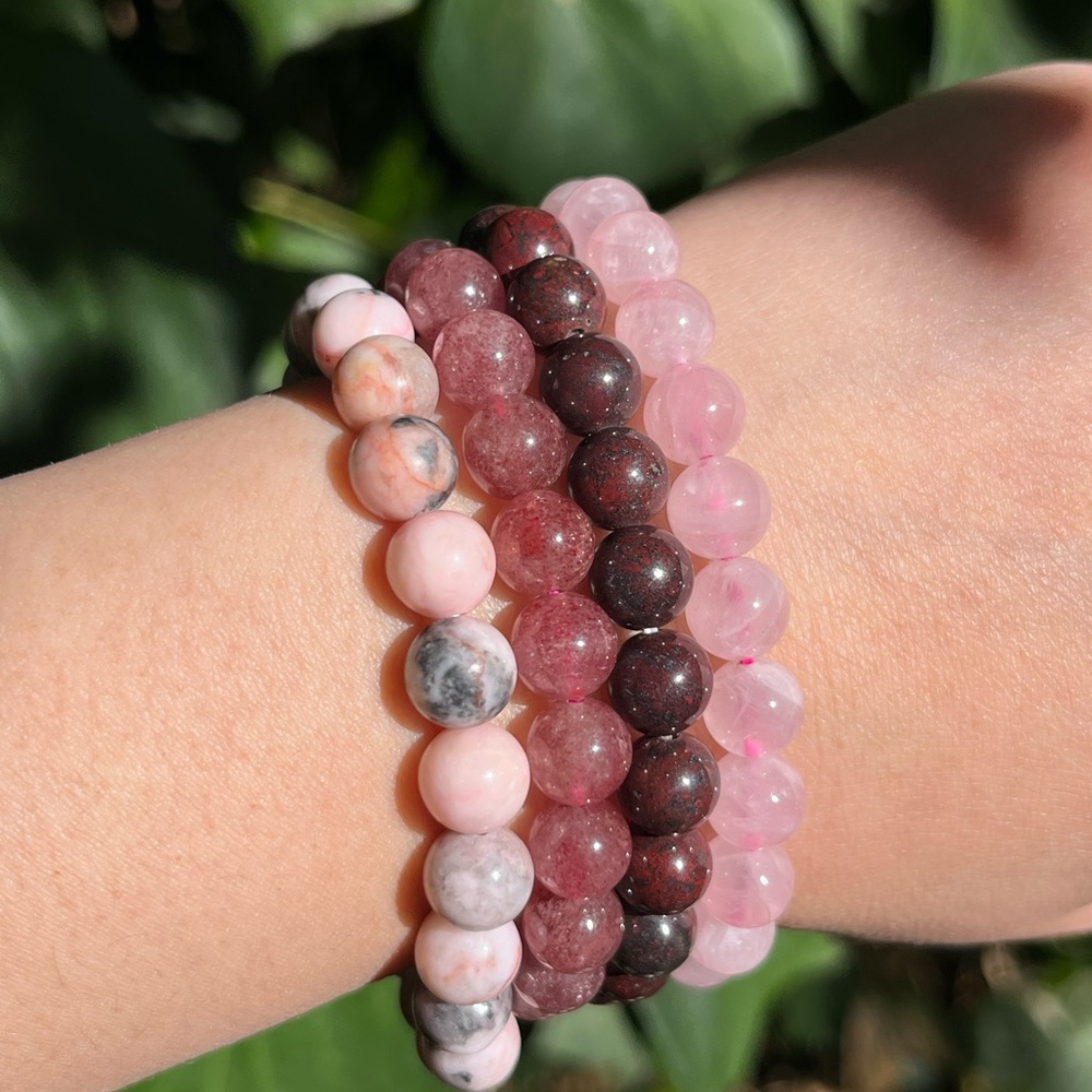 8mm‎ rose quartz blood stone, strawberry quartz, pink zebra jasper bracelet set